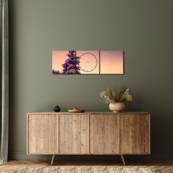 Obraz zasněženého stromu na louce (s hodinami) (90x30 cm)
