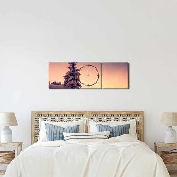 Obraz zasněženého stromu na louce (s hodinami) (90x30 cm)