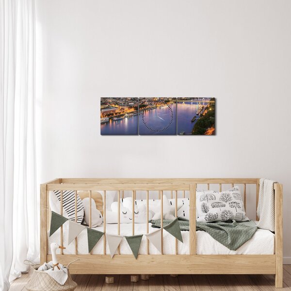 Obraz nočního města Bratislavy s řekou (s hodinami) (90x30 cm)