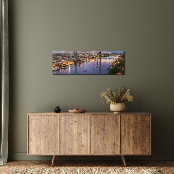 Obraz nočního města Bratislavy s řekou (s hodinami) (90x30 cm)