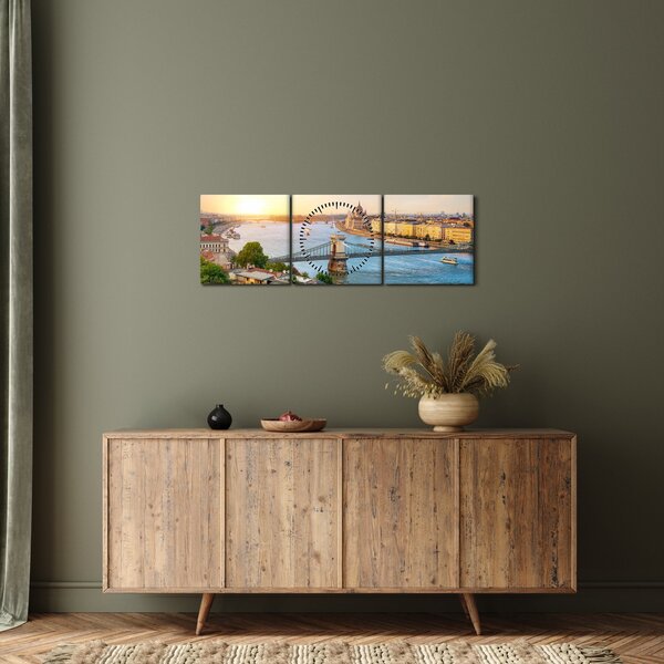 Obraz města Budapešť s řekou (s hodinami) (90x30 cm)
