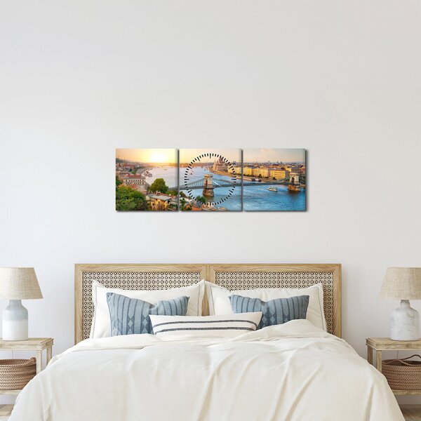 Obraz města Budapešť s řekou (s hodinami) (90x30 cm)