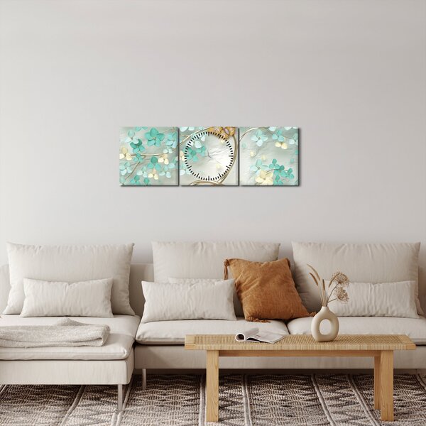 Obraz květiny s motýly (s hodinami) (90x30 cm)
