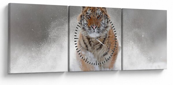 Obraz běžícího tygra ve sněhu (s hodinami) (90x30 cm)