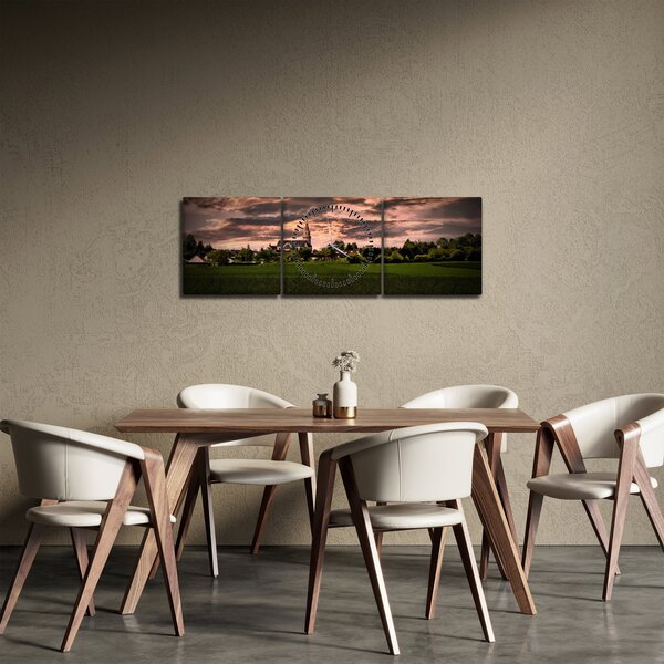 Obraz krajiny s kostelem (s hodinami) (90x30 cm)