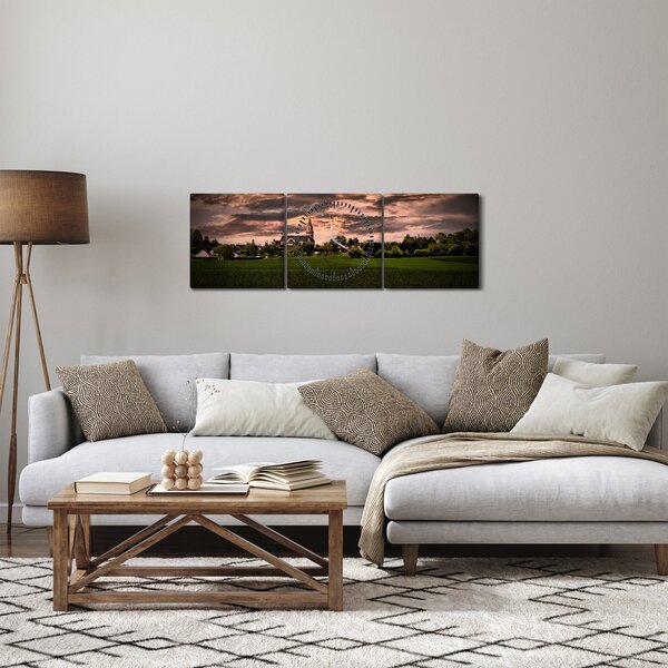 Obraz krajiny s kostelem (s hodinami) (90x30 cm)