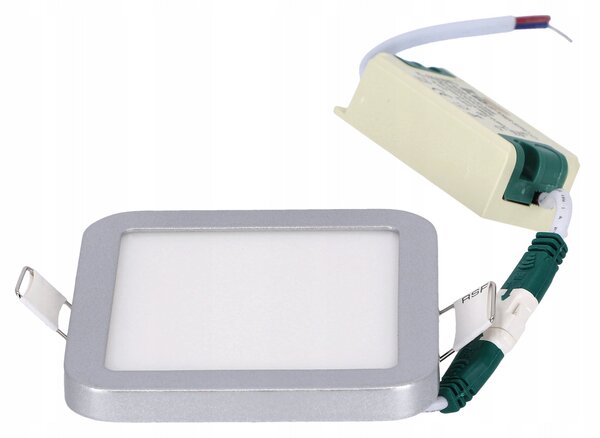 Stříbrný zápustný LED panel 6 W, studená bílá, úhel 120°, 90 × 90 mm