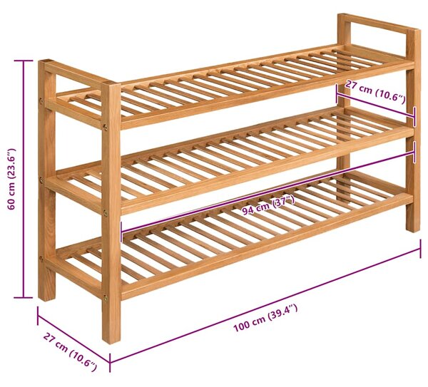 Botník se 3 policemi 100 x 27 x 60 cm masivní dubové dřevo 244209