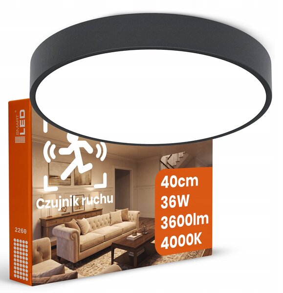 Černé stropní LED svítidlo 36 W, 3600 lm, 4000 K, 40 cm, s pohybovým senzorem