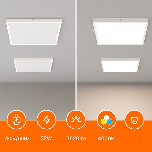 Bílé stropní LED svítidlo 32 W, 3520 lm, 4000 K, 40 × 40 cm, neutrální bílá, IP20