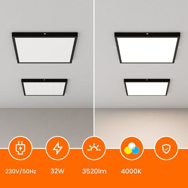 Černé stropní LED svítidlo 32 W, 3520 lm, 4000 K, 40 × 40 cm, neutrální bílá, IP20