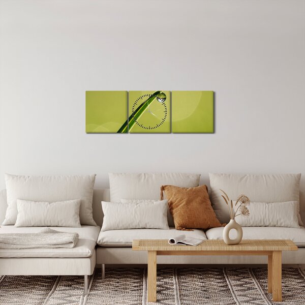 Obraz kapky vody na trávě (s hodinami) (90x30 cm)