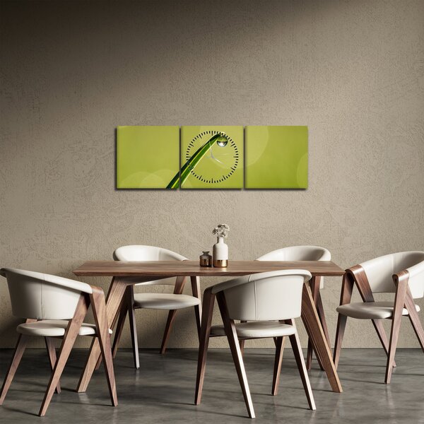 Obraz kapky vody na trávě (s hodinami) (90x30 cm)