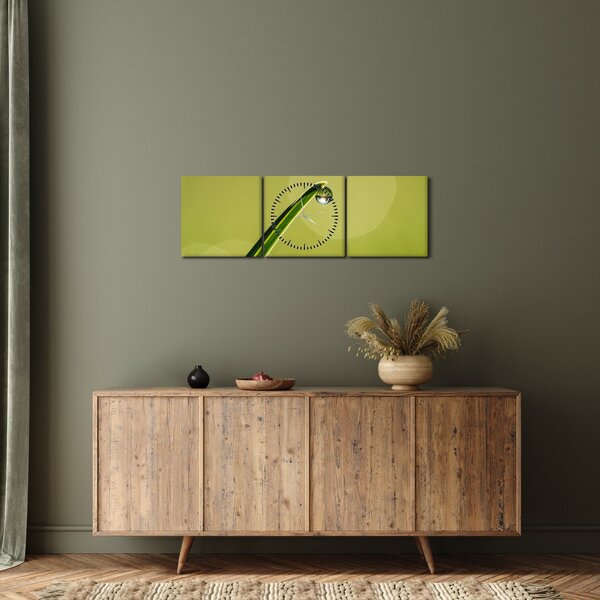 Obraz kapky vody na trávě (s hodinami) (90x30 cm)