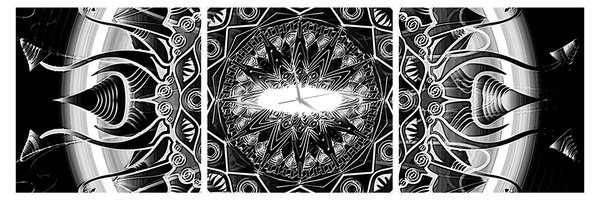 Obraz černobílých ornamentů (s hodinami) (90x30 cm)
