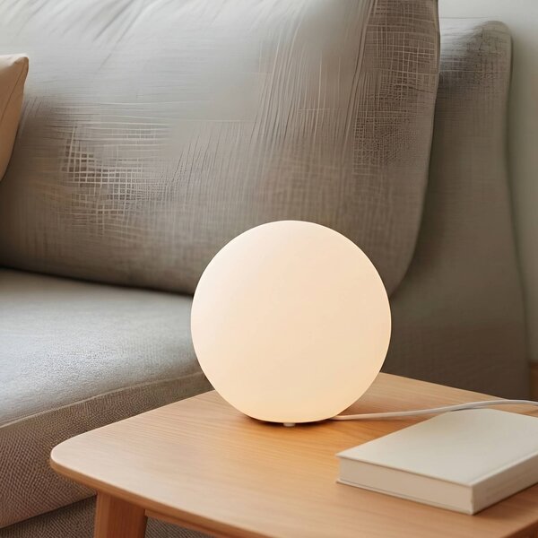 Lindby Stolní lampa Marike, bílá, sklo, globus, Ø 25 cm, E27, Bílá / opál, Obývací pokoj / jídelna, Sklo, Moderní, Tischleuchte andere