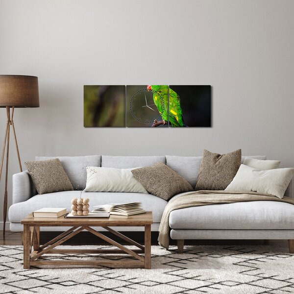 Obraz papouška na větvi (s hodinami) (90x30 cm)