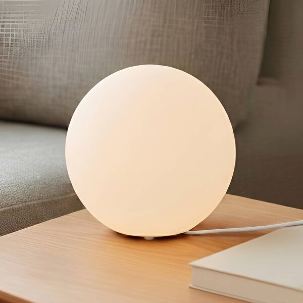 Lindby Stolní lampa Marike, bílá, sklo, globus, Ø 25 cm, E27, Bílá / opál, Obývací pokoj / jídelna, Sklo, Moderní, Tischleuchte andere