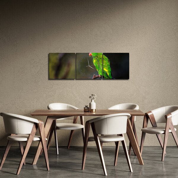 Obraz papouška na větvi (s hodinami) (90x30 cm)