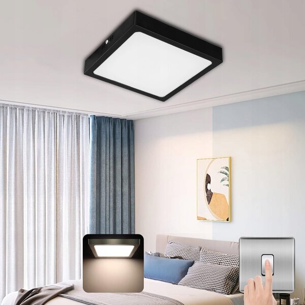 Černý přisazený LED panel 24 W, 2160 lm, neutrální bílá 4500 K, 20 × 20 cm