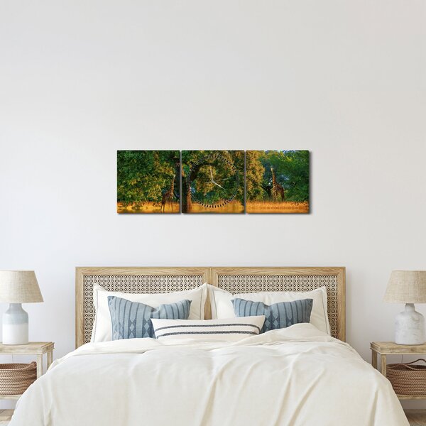 Obraz žiraf v přírodě (s hodinami) (90x30 cm)
