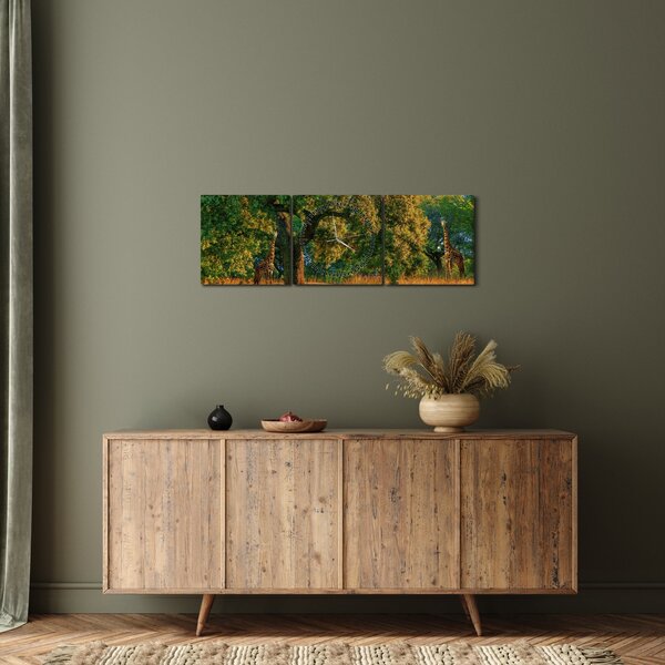 Obraz žiraf v přírodě (s hodinami) (90x30 cm)