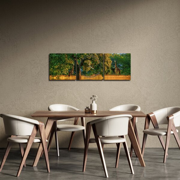 Obraz žiraf v přírodě (s hodinami) (90x30 cm)