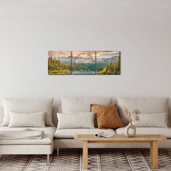 Obraz horské řeky a hor (s hodinami) (90x30 cm)