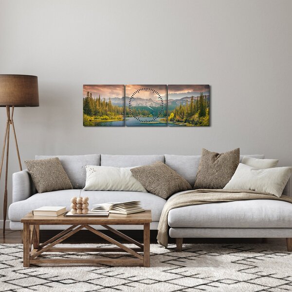 Obraz horské řeky a hor (s hodinami) (90x30 cm)