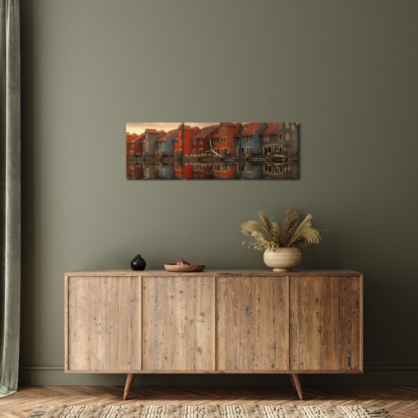 Obraz barevných domečků (s hodinami) (90x30 cm)