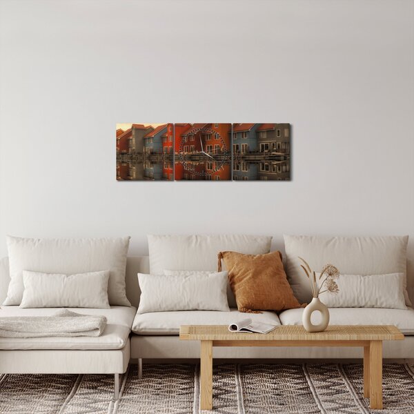Obraz barevných domečků (s hodinami) (90x30 cm)