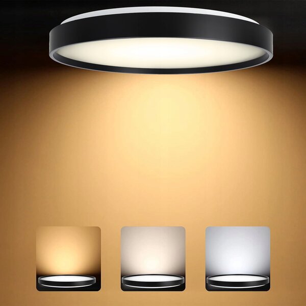 Černé kulaté stropní LED svítidlo, 3 režimy barvy světla, 2400 lm