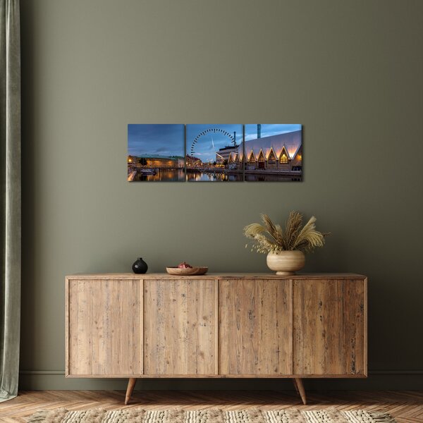 Obraz vodního kanálu - Göteborg (s hodinami) (90x30 cm)
