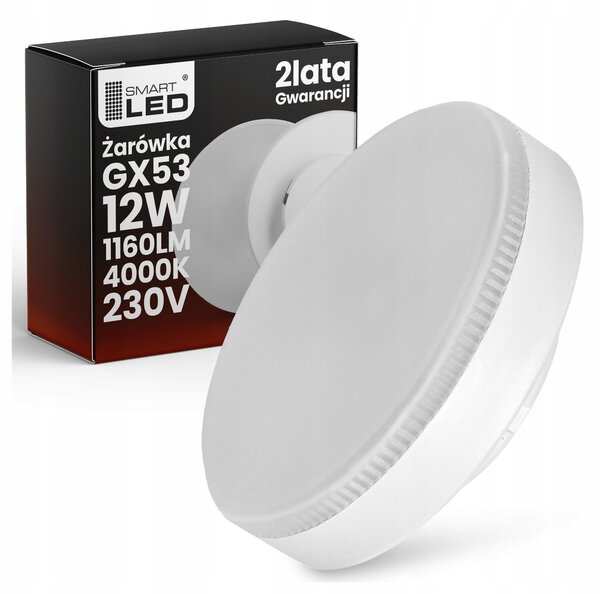 Bílá LED žárovka GX53 12 W, 1160 lm – neutrální bílá, IP44, úhel 160°, Ø 72 mm