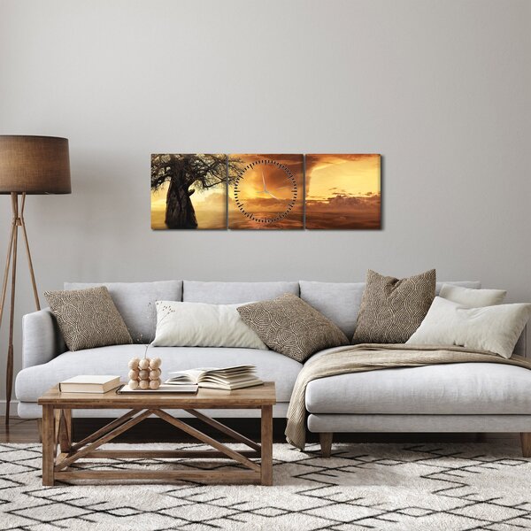 Obraz oranžových mračen (s hodinami) (90x30 cm)