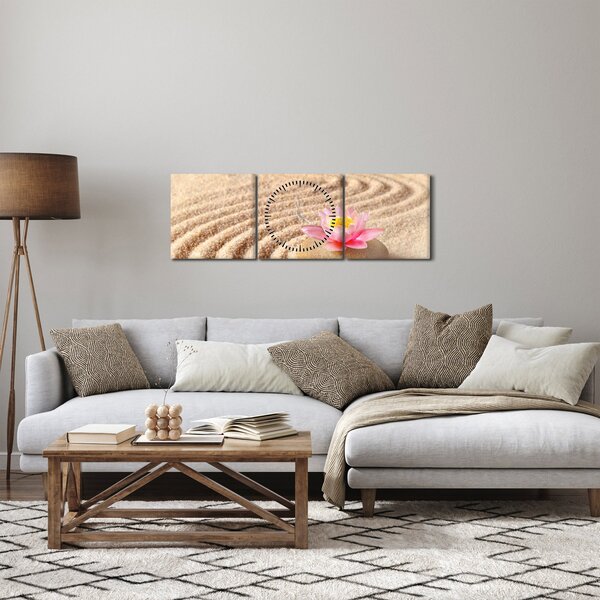Obraz kamene s květinou na písku (s hodinami) (90x30 cm)