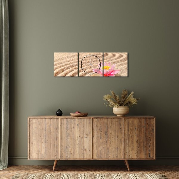 Obraz kamene s květinou na písku (s hodinami) (90x30 cm)
