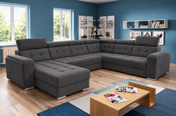 Rozkládací rohová sedačka MODULA U 340x265cm – rozklad a úložný prostor pravý roh šedá - Solid 99