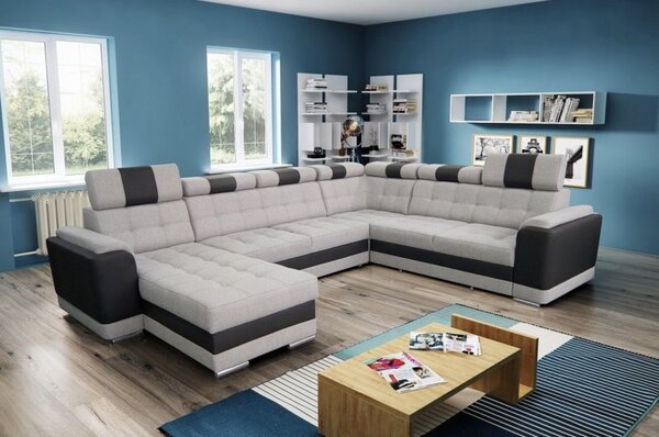 Rozkládací rohová sedačka MODULA U 340x265cm – rozklad a úložný prostor pravý roh šedá - Solid 99