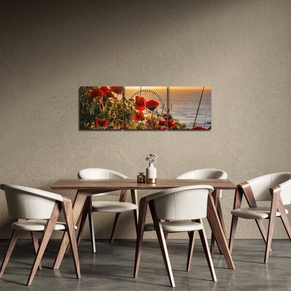 Obraz západu slunce s vlčími máky (s hodinami) (90x30 cm)