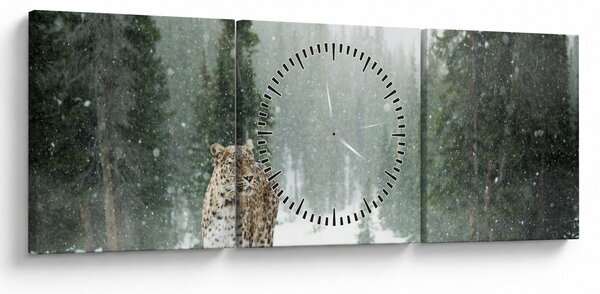 Obraz leoparda ve sněhu (s hodinami) (90x30 cm)