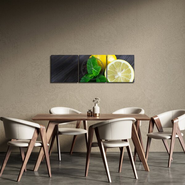 Obraz citrónů a máty na stole (s hodinami) (90x30 cm)