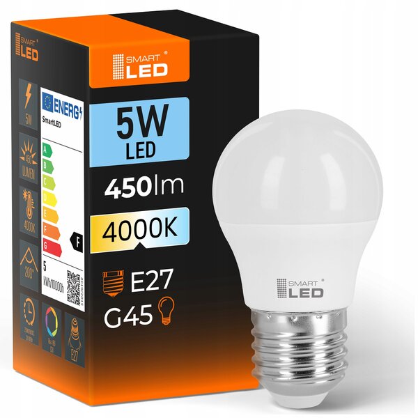 LED žárovka E27 5 W, 450 lm, 4000 K – neutrální bílá, stmívatelné, Ø 45 mm