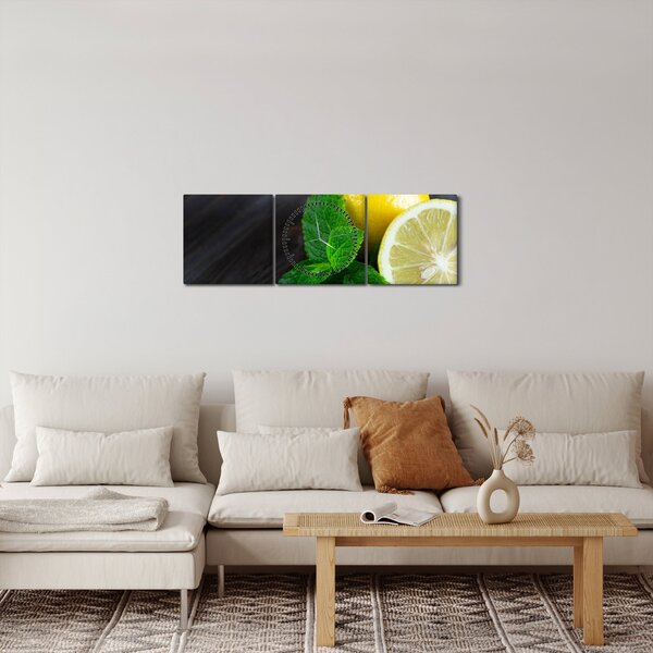 Obraz citrónů a máty na stole (s hodinami) (90x30 cm)