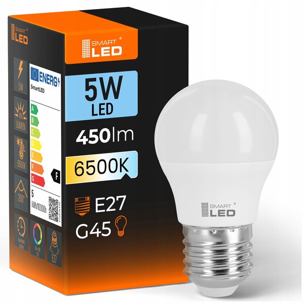 LED žárovka E27 5 W, 450 lm, 6500 K – studená bílá, stmívatelné, Ø 45 mm