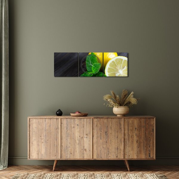 Obraz citrónů a máty na stole (s hodinami) (90x30 cm)