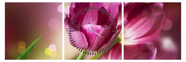 Obraz růžových tulipánů (s hodinami) (90x30 cm)