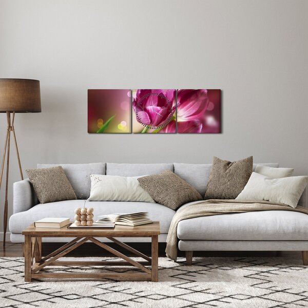 Obraz růžových tulipánů (s hodinami) (90x30 cm)