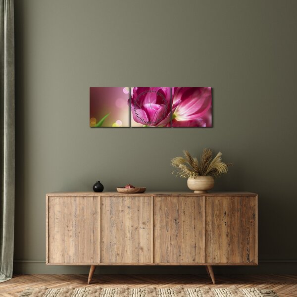 Obraz růžových tulipánů (s hodinami) (90x30 cm)
