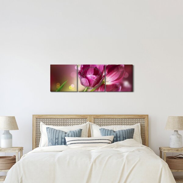 Obraz růžových tulipánů (s hodinami) (90x30 cm)